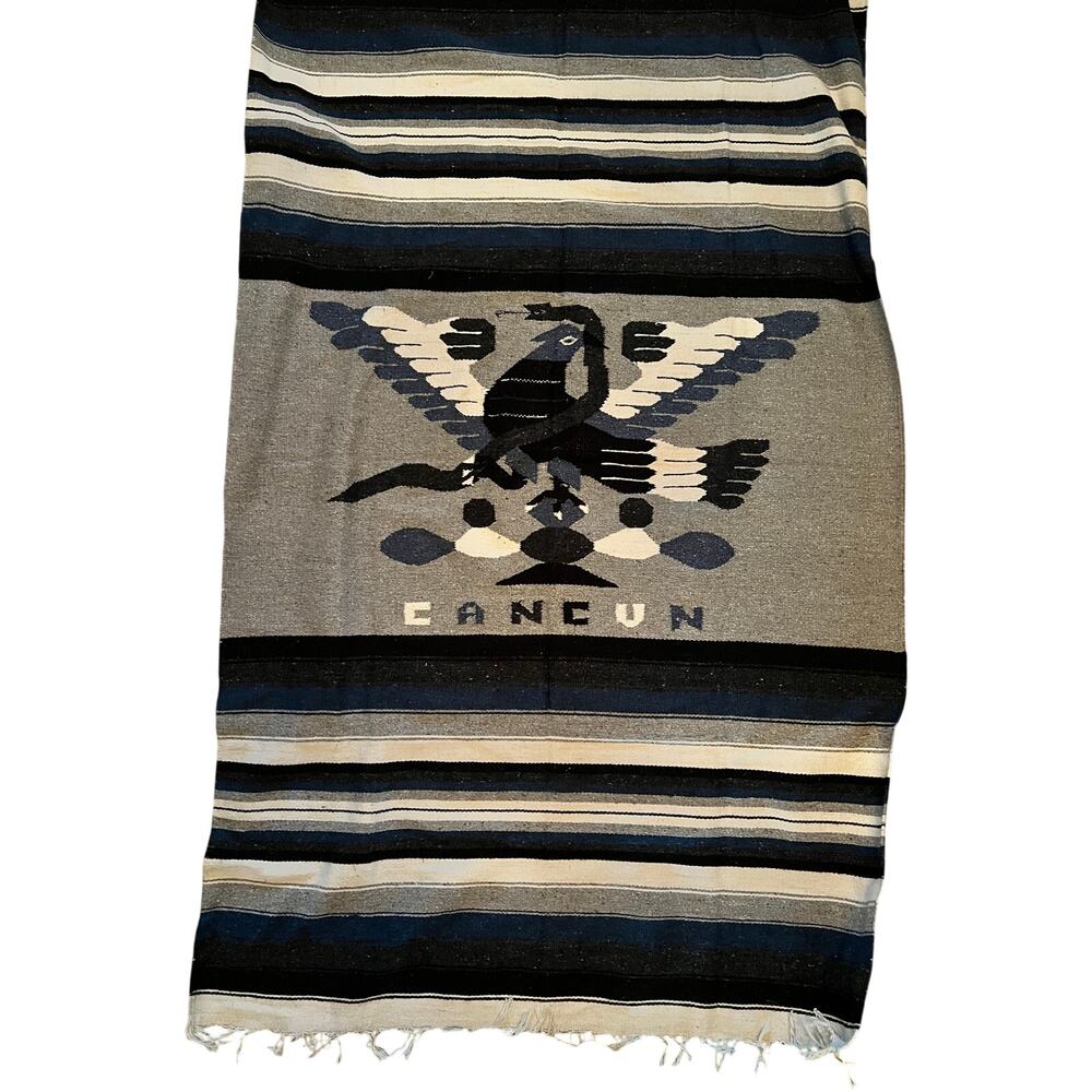 VTG Handwoven Eagle Snake Cancun Mexican Sarape Kilim Tapestry Blanket Blue